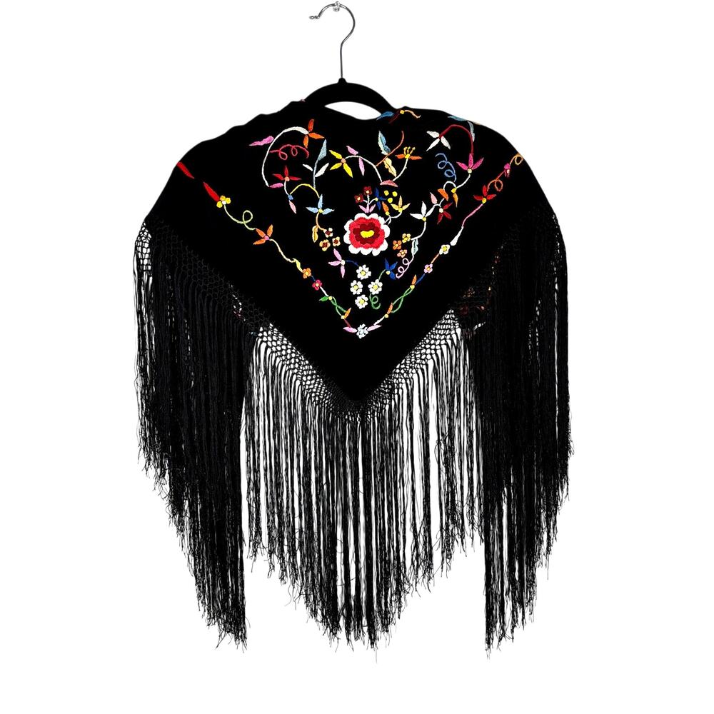 Vintage 1970s Piano Shawl Black Mantilla Replica Colorful Floral Embroidery 50"